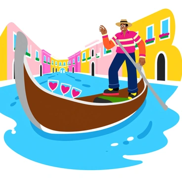 A gondola with a rich mahogany finish glides gently through the tranquil waters of a Venetian canal. The gondolier, wearing a classic striped shirt and a straw hat, guides the boat with a long pole. The surrounding buildings have colorful facades adorned with flowering balconies. Heart-shaped glasses sit on the edge of the gondola, reflecting the picturesque scenery of the canals. The sunlight sparkles on the water, enhancing the romantic atmosphere of this enchanting ride.