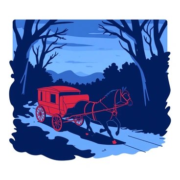 A red horse-drawn carriage moves swiftly through a dark forest as dusk settles in. The carriage is pulled by two strong black horses, their manes flowing in the wind. Tall trees with twisted branches loom on either side, their silhouettes casting shadows on the narrow path. The sky above is painted in shades of deep blue as the last light of the day fades, creating a contrast with the vibrant red of the carriage. A faint mist begins to rise from the forest floor, enhancing the mysterious atmosphere of the scene.