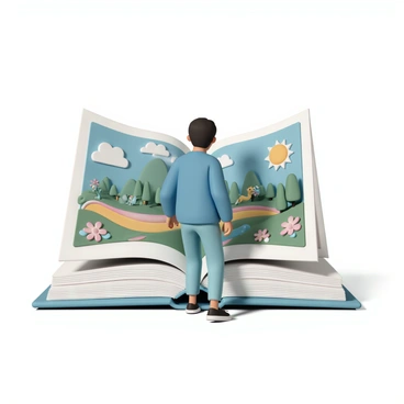 A person, wearing a blue jacket, denim jeans, and black shoes, is stepping through a giant open book positioned on the ground. The book's pages are large and intricately detailed, showing colorful illustrations of landscapes and creatures. As the person steps through, they are entering a vibrant world filled with lush greenery, towering trees, and a bright blue sky. Various fantastical creatures can be seen in the distance, while flowers in a multitude of colors bloom around them. The scene conveys a sense of adventure and wonder as the individual transitions from the ordinary to the extraordinary.