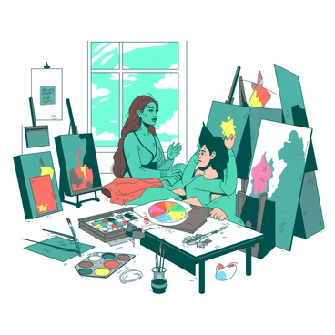 A teal figure representing Saraswati is gracefully positioned in a bright studio. She is surrounded by numerous canvases of varying sizes that lean against the walls, some featuring vibrant unfinished artworks. Colorful paint tubes, brushes, and a palette with splashes of color are scattered across a wooden table in the center of the studio. An artist, depicted with focused expression, sits at the table, looking up at Saraswati with inspiration in their eyes. The light streaming through a window highlights the creative chaos of the studio, enhancing the depth of the scene.