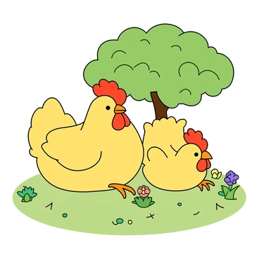 Two fluffy hens with bright yellow feathers, one slightly larger than the other, are sitting side by side on soft green grass. They are positioned beneath a leafy bush that casts a dappled shadow over them. Each hen has a small red comb on top of their heads and bright orange beaks. The larger hen is pecking gently at the ground, while the smaller hen is looking up curiously. Around them, there are patches of colorful wildflowers in bloom, adding pops of color to the scene.