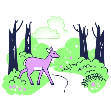 A deer is walking along a winding forest path. The deer has a slender body and delicate legs, moving cautiously. The path is lined with tall trees, their trunks rising steadily, and a variety of abundant foliage surrounds the scene. Ferns and bushes are visible on either side, creating a rich texture of greenery. Sunlight filters through the canopy above, casting gentle shadows on the path. The serene atmosphere is enhanced by scattered wildflowers in the underbrush, adding a touch of life to the environment.