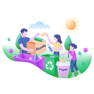 A backyard scene featuring a family sorting recyclables together. The family consists of two adults and two children, all engaged in the activity. One adult is holding a cardboard box labeled "Recyclables," while the other is separating bottles and cans into different bins. The children are excitedly placing items into their respective bins, with a focus on a colorful bin for plastic and another for paper. The backyard has greenery in the background, with a few trees and flowers adding color. A bright sun shines overhead, symbolizing a positive atmosphere for promoting sustainability.
