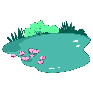 A teal pond with a smooth, glass-like surface reflects the surrounding greenery. Scattered delicately across the pond are "Mayflower petals," featuring soft shades of pink. Some of the petals are clustered in small groups while others float individually, creating a serene composition. Light glimmers on the water, enhancing the peaceful atmosphere of the scene.