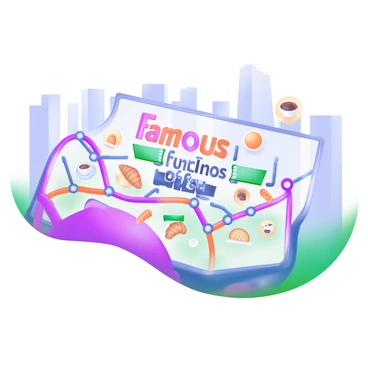 A modern pastel illustration of a subway map. The map features clear, bold lines connecting various stations, with each station marked by a circular icon. At each station, there are small icons representing famous coffee shops and cafes, including a steaming coffee cup, a croissant, and a pastry. The background is filled with soft pastel colors representing the vibrant city, with a skyline silhouette peeking at the top. The words "Famous Coffee Shops & Cafes" are displayed prominently at the center of the map in stylish, eye-catching lettering.