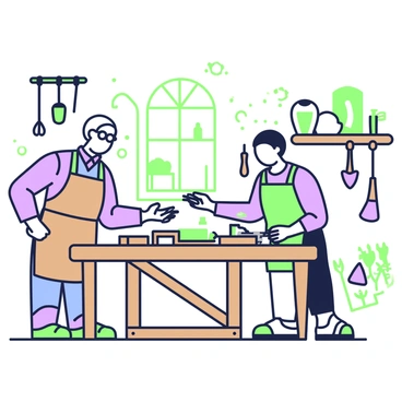 A wise mentor with graying hair and glasses stands at a wooden workbench in a cozy workshop. The mentor is wearing a light blue shirt and brown apron, and is demonstrating a technique with a tool in hand. An eager apprentice, a young person with short hair and a focused expression, stands beside the mentor, attentively watching and holding a piece of wood. Surrounding them are various woodworking tools hanging on the walls, and a small window lets in soft light, illuminating the dust particles in the air. In the background, shelves filled with neatly arranged materials add to the workshop's inviting atmosphere.
