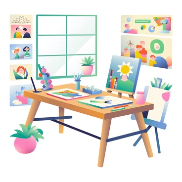 A creative artist's workspace is filled with an array of drawing equipment, including pencils, markers, and brushes, all neatly arranged on a wooden table. A sketchbook lies open, revealing a partially completed colorful illustration. The walls are adorned with vibrant illustrations in various styles, showcasing intricate designs and bold colors. A large window allows natural light to flood the room, highlighting the artist's tools. In the corner, a small easel holds a canvas with a fresh painting in progress. Various pots filled with plants add a touch of greenery to the space.