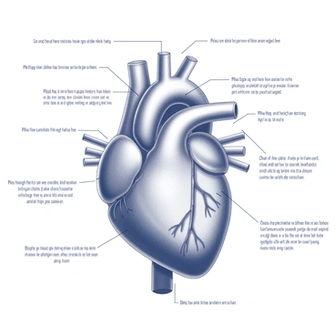 A detailed diagram of the human heart is presented at the center, showcasing its intricate structure. The heart is depicted with clearly defined chambers, including the left and right atria, and the left and right ventricles. Major vessels such as the aorta, pulmonary arteries, and veins extend from the heart, illustrating how blood flows through the circulatory system. Each part of the heart and surrounding circulatory system is labeled with clear, concise text for identification. Additional annotations explain the function of each major component, enhancing the educational purpose of the diagram.