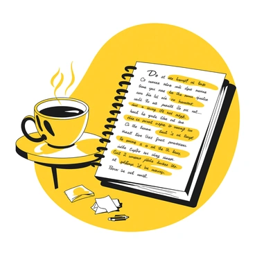 An open journal with pages filled with handwritten entries reflecting on the events of 9/11. The handwriting is neat and emotional, with some passages highlighted. Beside the journal, there is a steaming cup of coffee resting on a small wooden table. The table has a few scattered pens and a small stack of tissues, suggesting a moment of reflection and contemplation. In the background, a soft light illuminates the scene, enhancing the intimate atmosphere.