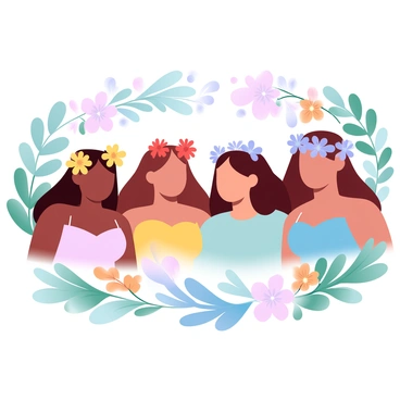 A group of four friends is enjoying a garden party. Each friend is wearing a unique flower crown made of assorted wildflowers in vibrant colors. One friend has a crown featuring bright yellow daisies and purple lavender, while another has a crown with delicate white blossoms and deep red poppies. A third friend sports a crown adorned with blue cornflowers and pink clover, and the last friend has a crown with cheerful orange marigolds and soft green ferns. The background is filled with lush greenery and various blooming flowers, creating a lively and colorful atmosphere.