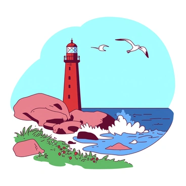 A red lighthouse stands tall on a rocky shore near the beach, its paint slightly weathered from the elements. The lighthouse is topped with a white lantern, shining brightly against the backdrop of a clear blue sky. Waves crash against the rocks below, sending up sprays of white foam. In the foreground, patches of green grasses and wildflowers grow among the rocks, adding color to the scene. Seagulls can be seen flying above, their wings spread wide against the sky. The overall composition captures the beauty and tranquility of the coastal landscape.