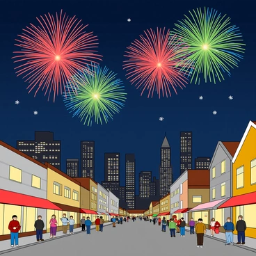 A night scene of a bustling city skyline illuminated by a vibrant fireworks display. The sky is filled with colorful bursts of red, blue, green, and gold fireworks exploding above tall buildings. Below, the city is alive with people gathered on the streets, some pointing towards the sky in awe. Bright lights from shops and homes create a warm glow, reflecting the festive mood of Boxing Day. A few snowflakes fall gently from the sky, adding to the winter atmosphere.