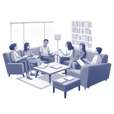 A living room filled with comfortable furniture, including a large sofa and several armchairs positioned around a coffee table. On the table, there are various books scattered, open to pages filled with text. A group of individuals of different ethnic backgrounds is engaged in a lively discussion, some leaning forward in their seats, animatedly expressing their thoughts. In the background, a bookshelf filled with books lines the wall, and a small lamp on a side table casts a warm glow over the scene.
