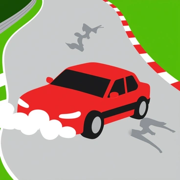 A sleek, shiny car is drifting sharply on a winding racetrack. The car is painted in a vibrant red color with black racing stripes along the sides. Thick plumes of white smoke are billowing from the rear tires, creating a dramatic effect. Dark tire marks are visible on the asphalt, marking the track where the car has skidded. The sun casts bright reflections off the car's surface, emphasizing its glossy finish. The surrounding area features green grass and safety barriers lining the track, adding context to the high-speed action.