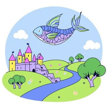 A whimsical flying fish with vibrant scales in shades of blue and green is soaring gracefully through the air. The fish has large, delicate wings that shimmer in the sunlight. Below, a fairy-tale kingdom stretches out with colorful, pointed-roof castles made of stone, surrounded by lush, green fields dotted with flowers. The sky is a brilliant blue, with fluffy white clouds gently floating by. In the distance, a sparkling river winds its way through the landscape, reflecting the light of the sun. A few trees with round, fluffy canopies can be seen, adding to the enchanting atmosphere.