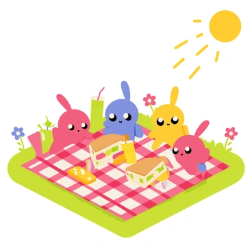 A group of small Pikmin with vibrant colors, including red, blue, and yellow, are gathered on a green grassy surface. They are sitting on a red-and-white checkered picnic blanket. The Pikmin are joyfully interacting with various items, including a variety of sandwiches placed neatly on the blanket. Some Pikmin are reaching for juice boxes that are brightly colored, with straws poking out. The sun is shining brightly above, casting soft shadows on the scene. A few scattered wildflowers add more color to the surroundings, enhancing the cheerful atmosphere of the picnic.