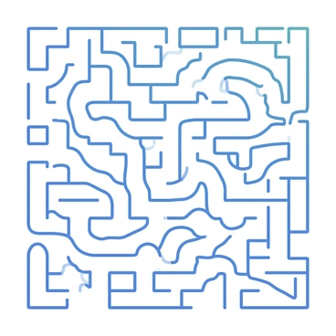 A complex maze design is displayed, featuring intricate paths that weave and intersect in a dynamic pattern. The maze consists of multiple sections, each defined by precise, sharp lines creating a clear contrast between the paths and the negative space. The paths vary in width, allowing for an engaging visual experience as they twist and turn throughout the design. Some areas of the maze are more densely packed with lines, while others have open spaces, creating a balance in the overall composition. Each section of the maze leads to different potential routes, inviting exploration and contemplation.