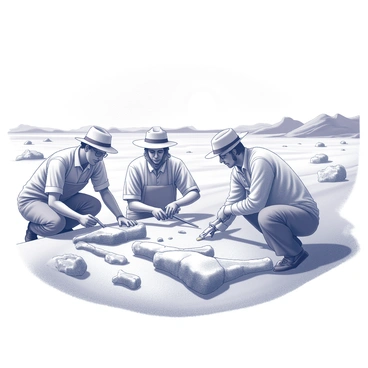 A team of paleontologists is engaged in the meticulous excavation of dinosaur fossils. They are using various tools such as brushes and chisels to gently remove the surrounding sediment. The scene takes place in a vast desert landscape characterized by rolling sand dunes and sparse vegetation. In the background, there are distant rocky formations, and the sky is clear with a bright sun overhead casting long shadows on the ground. The paleontologists are dressed in typical field attire, including wide-brimmed hats and protective gloves, displaying focused expressions as they work diligently on the fossilized remains. The fossils, partially exposed, show the distinct shapes of dinosaur bones embedded in the earth.