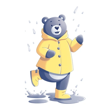 A bear standing on its hind legs, wearing a raincoat that is bright yellow. The bear is also wearing matching yellow boots. Around the bear, there are several puddles on the ground, with water splashing as the bear playfully jumps into them. The bear has a cheerful expression, and droplets of water are visible in the air, capturing the moment of joy in the rain.