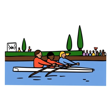A group of rowers with different skin tones is paddling in unison during a competition on a calm lake. They are wearing matching uniforms, with some in bright red and others in blue. Their faces show determination and focus as they synchronize their strokes. The lake's surface is smooth, reflecting the clear blue sky above. In the background, there are a few tall trees and spectators along the shore cheering them on. The scene captures the energy and excitement of the race.