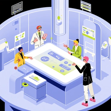 A futuristic laboratory filled with sleek, metallic surfaces and glowing blue accents. In the center, a large, circular digital smart table displays holographic images and data charts. Around the table, four inventors are engaged in discussion, each with unique appearances and attire. One is wearing a white lab coat with goggles on their head, another sports a high-tech visor and a digital wrist device. A third inventor has vibrant hair and is sketching ideas on a transparent tablet, while the last one is animatedly pointing at the holographic display. The background is filled with various advanced equipment, like robotic arms and displays showcasing innovative designs.