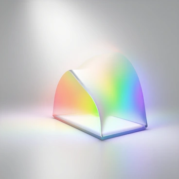 A clear glass prism placed on a smooth, reflective surface. A beam of white light is directed towards the prism, entering at an angle and refracting through the glass. As the light exits from the opposite side of the prism, it splits into a vibrant spectrum of diverse colors, including red, orange, yellow, green, blue, indigo, and violet. The colors fan outwards and create a beautiful arc, illustrating the transformation of light. The surrounding area is softly illuminated by the colors, enhancing the visual impact of the spectrum.