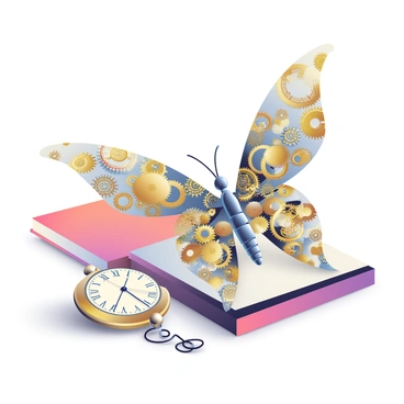 A butterfly with wings constructed entirely of intricate clock gears is perched delicately on a polished wooden surface. Each gear is intricately detailed, showcasing various metallic shades of brass and silver, with a subtle sheen reflecting ambient light. The butterfly's body is slender and elongated, resembling a slender clock mechanism, with tiny gears visibly turning as it flaps its wings. Nearby, a vintage pocket watch lies open, its face displaying ornate Roman numerals. The hands of the watch are elegantly designed, and they tick in perfect synchrony with the gentle flutter of the butterfly’s wings. The entire scene conveys a harmonious blend of nature and machinery, capturing the essence of time.