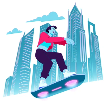 A young person with medium skin tone and short hair is expertly riding a sleek hoverboard. They are in a dynamic position, leaning forward with excitement as they zoom past towering futuristic skyscrapers that feature reflective glass and intricate geometric designs. The scene is illuminated by bright neon lights from the buildings, casting colorful reflections on the hoverboard. The sky is a vibrant blue with a few scattered clouds, enhancing the sense of speed and freedom in the urban environment.