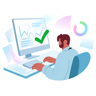 A person is sitting at a desk, looking at a computer screen that displays a graph with an upward trend line representing their credit score improvement. The person is wearing a casual shirt and has their hands resting on the desk, showing a sense of satisfaction. Surrounding the desk are various financial documents, including a loan agreement and a calculator. A large green check mark is visible on the screen, symbolizing successful loan repayment, and colorful charts are displayed in the background, emphasizing financial data.