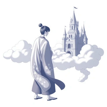 A Shugao figure standing in a poised position. The figure is intricately detailed, featuring traditional attire with flowing robes that display patterns. In the background, a majestic castle is visible, floating high among clouds. The castle has tall spires and grand archways, surrounded by billowing clouds that add a sense of elevation. The scene conveys a sense of wonder and fantasy, with the figure gazing at the castle, creating a harmonious interaction between the character and the enchanting setting.
