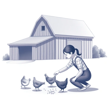 A girl is crouched down, gently scattering feed on the ground for a group of chickens. She has long hair tied back in a ponytail, wearing a simple plaid shirt and denim overalls. The chickens, a mix of different breeds, are pecking eagerly at the food. In the background, a classic barn with a tall, peaked roof and a large central door stands prominently. The barn has a weathered appearance, with wooden planks showing signs of age. Surrounding the scene are patches of grass and a few trees, completing the layout of a traditional farm setting.