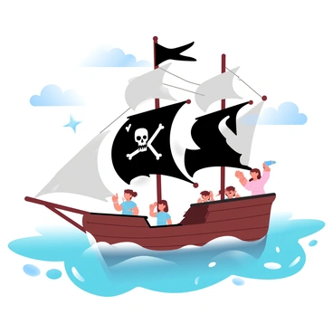 A pirate ship with tattered sails is sailing on turquoise seas. The ship is adorned with a large black flag featuring a skull and crossbones. Several young pirates are standing on the deck, with one holding a spyglass and scanning the horizon. The ocean is calm with gentle waves, and a distant island can be seen with palm trees peeking out. In the background, there are fluffy white clouds scattered across the blue sky.