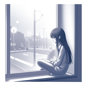 A girl is sitting on a wooden windowsill, her posture slumped as she gazes out at a street covered in rain. The glass reflects her solemn expression, highlighting her deep-set eyes and the strands of her hair that fall softly around her face. Outside, raindrops cascade down the window, creating a blurred view of the world beyond. The light from the streetlamps filters through the rain, adding a subtle glow to the scene. The interior is simple, and soft shadows play across the girl's figure, emphasizing the feeling of isolation.