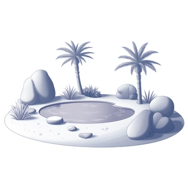 A desert oasis featuring a small pond at its center. The pond is surrounded by a variety of vegetation, including lush palm trees and scattered shrubs. The ground is sandy and arid, contrasting with the greenery around the water. The scene captures the tranquility of the oasis, with a few small rocks dotting the edge of the pond and reflections of the palm trees visible in the water. The sky above is clear, creating a sense of openness and space over the oasis.