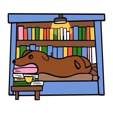 A dachshund with a smooth coat resting comfortably on a soft, plush cushion in a cozy library nook. The dog has big, expressive eyes and its ears are flopped down, giving it a relaxed appearance. Surrounding the dog, there is a stack of colorful books neatly piled beside it. The nook is lined with wooden bookshelves filled with various books, and a warm light is softly illuminating the space, creating a welcoming atmosphere. A small, round coffee table nearby holds a steaming cup of tea, adding to the cozy vibe.