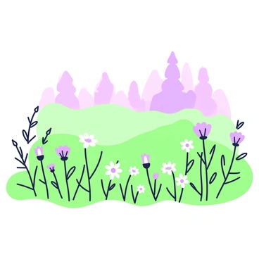 A wildflower meadow is spread across the landscape, with various types of wildflowers visible among the greenery. The flowers include delicate blooms in different shapes and sizes, swaying gently in the breeze. The thick fog envelops the scene, creating a sense of depth and mystery. In the background, soft silhouettes of trees rise above the meadow, partially obscured by the fog. The overall atmosphere captures the tranquility of a quiet morning in nature.
