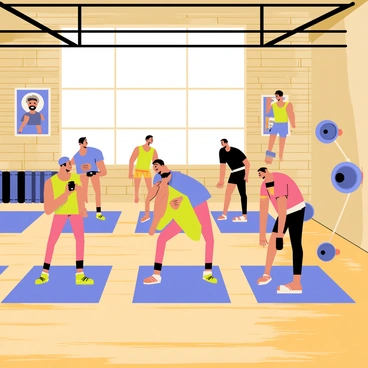 A vintage-style gym with wooden floors and exposed brick walls. In the center, several athletes are performing "Russian twists" on rectangular, faded blue mats. Each athlete is focused, with varying athletic build and clothing styles, including tank tops and shorts. The gym is adorned with classic weightlifting equipment, such as dumbbells and barbells, made of metal and wood. Old-fashioned posters of famous athletes decorate the walls, adding to the nostalgic atmosphere. A large window allows natural light to filter in, illuminating the gym with a warm glow.