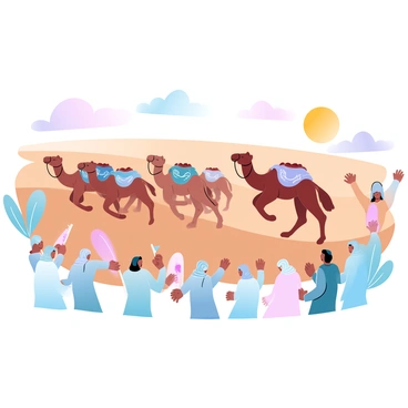 A group of camels is racing across a sandy desert landscape. Each camel is adorned with colorful decorative saddles and blankets. In the foreground, several spectators are standing and cheering, dressed in traditional Sahel attire, which includes flowing robes and headscarves. Their attire is vibrant, showcasing a variety of patterns and colors. The spectators are holding flags and banners, adding to the festive atmosphere. The sun is setting in the background, casting a warm glow over the scene.