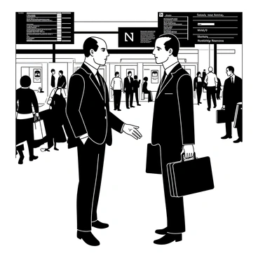 Two spies, dressed in dark suits, are standing facing each other in a busy train station. Each spy is holding an identical black briefcase, which they are in the process of exchanging. The station is bustling with people, with various travelers moving about and some waiting near the platforms. Large digital display boards can be seen in the background, showing train schedules and arrivals. The spies maintain a composed demeanor despite the chaos around them, with subtle glances that suggest their awareness of the surrounding crowd.