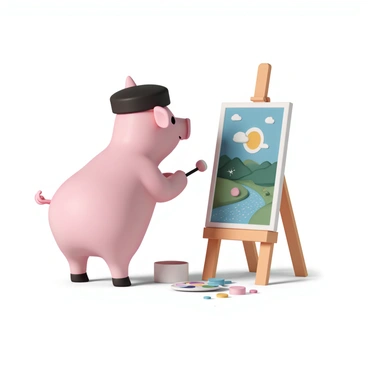 A pink pig, wearing a black beret tilted to one side, is standing beside a wooden easel. The pig is holding a paintbrush in its hoof, focused on painting a colorful landscape on the canvas. The landscape features rolling green hills, a bright blue sky with fluffy white clouds, and a sparkling river running through the scene. The pig's palette, full of vibrant paint colors, is placed on a small table next to the easel, and there are splashes of paint on the ground around its feet.