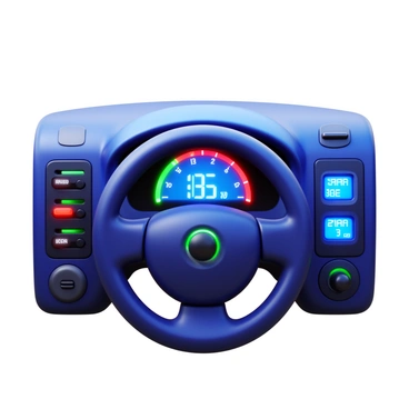 A vibrant car dashboard with colorful accents including red, blue, and green highlights. The dashboard features a prominent digital speedometer displaying the speed in bright white numbers. There are various other digital displays showing fuel level and navigation indicators. The steering wheel is sleek with integrated controls, and the overall design has a modern and high-tech appearance. The dashboard is illuminated by ambient lighting, enhancing the colorful accents.
