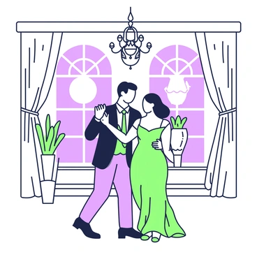 A couple is dancing in a grand ballroom illuminated by soft moonlight streaming through large windows. The man is wearing a formal suit, and the woman is in an elegant gown that flows as they move. Their poses reflect a graceful movement, with the woman's arms elegantly raised and the man's hand gently guiding her waist. Around them, ornate chandeliers hang from the ceiling, and the polished wooden floor reflects their silhouettes. In the background, decorative elements like tall vases and draped curtains enhance the ambiance of the scene.