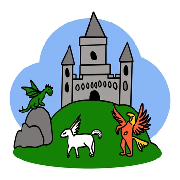 A grand castle with large, ornate turrets sits majestically on a hilltop against a clear blue sky. The castle is made of grey stone with intricate designs carved into its walls. Surrounding the castle are several mythical creatures. There is a dragon with green scales perched on a nearby rock, its wings folded but ready to spread. A unicorn with a shimmering white coat grazes in the lush green grass. A griffin, showcasing its lion body and eagle wings, stands proudly near the castle entrance. The scene captures the magical atmosphere of this enchanting location.