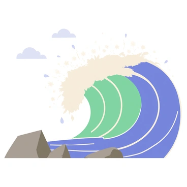 A large ocean wave with deep blue and turquoise hues crashes against jagged gray rocks at the shoreline. The wave is depicted midway through its powerful crash, creating animated splashes that arc high into the air. The splashes are white and frothy, contrasting with the darker ocean water. Small droplets are captured in the air, sparkling in the sunlight. The sky above is clear with a few fluffy white clouds scattered throughout, enhancing the bright and vibrant atmosphere of the scene.