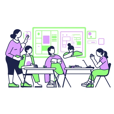 A teacher is standing at the front of a classroom, actively conducting a discussion with students. The teacher has a warm smile and is wearing a blue shirt and black pants. Students are seated at their desks, some raising their hands to contribute to the conversation. One student, to the left, is looking at a book while taking notes. Another student in the center is holding a colorful poster, ready to share their ideas. A third student on the right is working on a laptop, with a focused expression. The classroom is filled with educational posters on the walls, and there are colorful supplies arranged neatly on each desk.