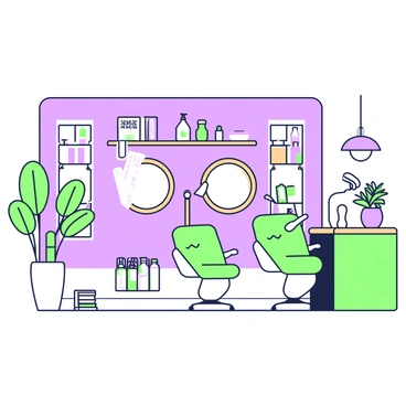 A modern salon interior features walls adorned with bamboo decor. In the center, there are sleek styling stations equipped with eco-friendly chairs. Each station has mirrors framed with natural wood. On a shelf, a selection of sustainable beauty products is displayed, including bottles and jars made from recyclable materials. There are plants in the corners, adding a touch of greenery to the environment. Soft lighting illuminates the space, creating a welcoming atmosphere. A reception area is visible with a bamboo counter, and a few magazines are neatly arranged on the side.