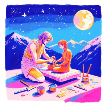 Prometheus is depicted in a moonlit scene, sculpting the first human from rich, brown clay. He is focused on his work, his hands skillfully shaping the figure. The backdrop features a vast, starry sky filled with shimmering stars and a glowing crescent moon. Around him, there are tools scattered on the ground, and faint silhouettes of mountains are visible in the distance. The atmosphere conveys a sense of creation and wonder.