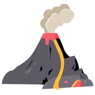 A volcano with a conical shape is erupting, showing bright orange and red lava flowing down its sides. Thick gray ash clouds billow into the sky above, with some sections illuminated by the glow of the lava. The surrounding landscape is dotted with dark rocks and sparse vegetation, emphasizing the volcanic activity. In the foreground, small rocks are scattered, and the ground appears cracked and charred, reflecting the powerful natural change occurring from the eruption.