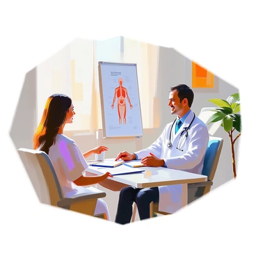 A doctor with medium skin tone and short, dark hair is sitting across from a patient in a well-lit office. The doctor is wearing a white lab coat and is holding a clipboard with medical notes. The patient, who has light skin and is seated in a chair, looks engaged and attentive. The doctor is smiling and using hand gestures to emphasize key points while explaining medical options. A poster about human anatomy is displayed on the wall behind them, and a small plant is placed on the desk, adding a touch of greenery to the scene.