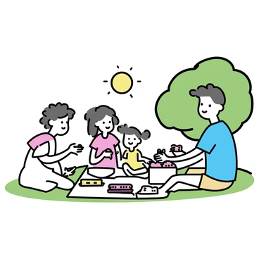 A family of four sits on a checkered blanket spread on green grass. A father, wearing a blue shirt and tan shorts, is reaching into a picnic basket. A mother in a white dress is smiling, holding a small bowl filled with fresh "raspberries." Two children, a boy with curly hair in a red t-shirt and a girl with ponytails in a yellow sundress, are eagerly picking snacks from a selection of "sandwiches," "fruit," and "snack bars." The sun shines brightly in a clear blue sky, casting soft shadows on the ground. Nearby, a tree provides a bit of shade, with a few scattered picnic items around them.